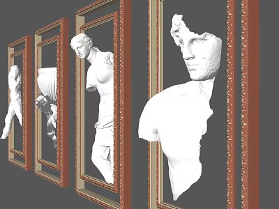 Elegant Framed Wall Decor With Golden Borders And White Classical Sculptures 3d model