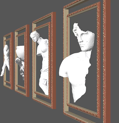 Elegant Framed Wall Decor With Golden Borders And White Classical Sculptures 3d model