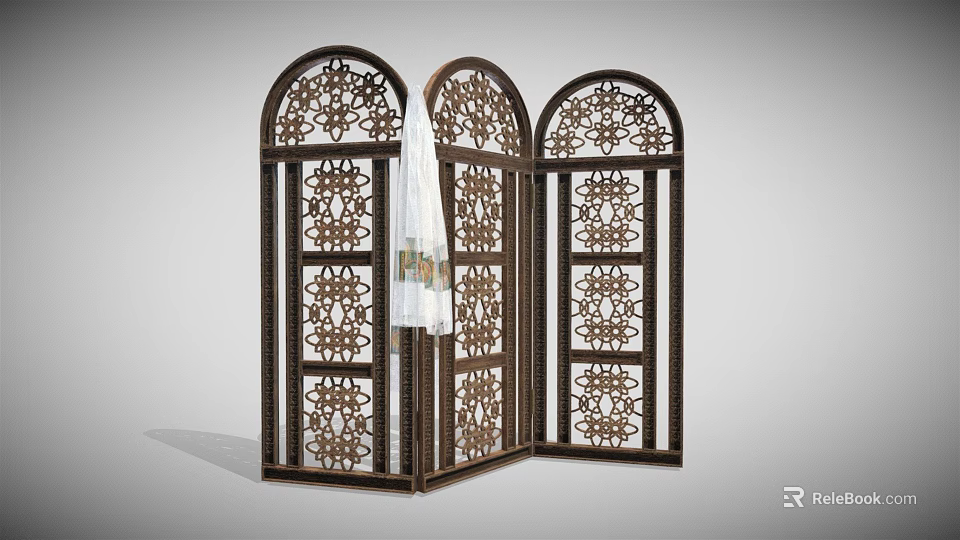 Classic Three Panel Wooden Room Divider Featuring Arched Top And Intricate Carvings 3d model 
