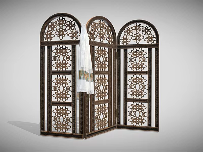Classic Three Panel Wooden Room Divider Featuring Arched Top And Intricate Carvings 3d model