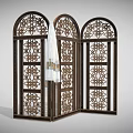 Classic Three Panel Wooden Room Divider Featuring Arched Top And Intricate Carvings