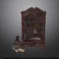 Dark Brown Wooden Bookshelf With Ornate Design Books Potted Plants And Drawers