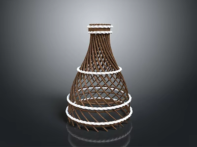 Woven Rattan Household Decor Item With White Ring Accents And Conical Shape 3d model