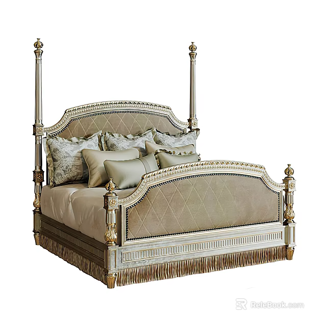 Elegant Ornate Double Bed With Carved Headboard Gold Accents And Fringed Trim 3d model 