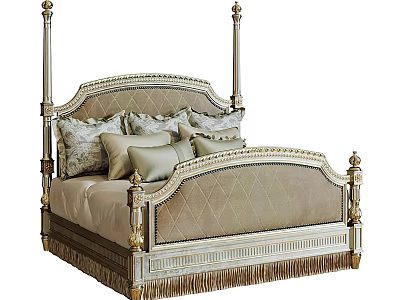 Elegant Ornate Double Bed With Carved Headboard Gold Accents And Fringed Trim 3d model