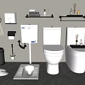 Modern White Toilets With Toilet Paper Holder Trash Bin Towel And Shelves With Toiletries