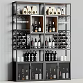 Modern Wine Cabinet With Gray And Gold Finish Wine Bottles Racks And Glasses