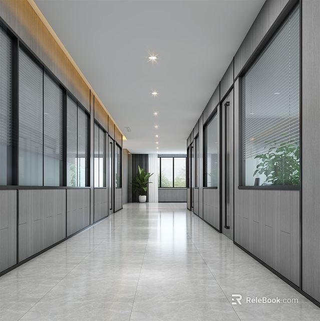 Office Corridor With Glass Partitions Gray Walls Green Plants And Shiny Floor Ceiling Lights 3d model 