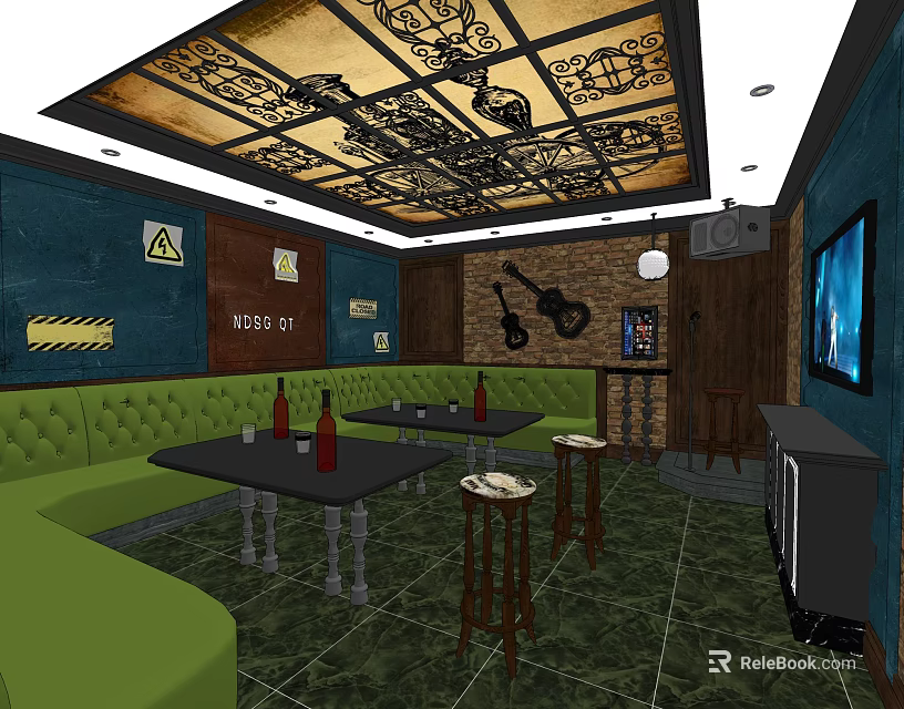 KTV Lounge Interior With Green Sofas Decorative Ceiling And Guitar Decor 3d model