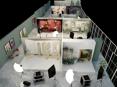 Modern Exhibition Space With Styled Backdrops Photography Equipment And Green Plants 3d model