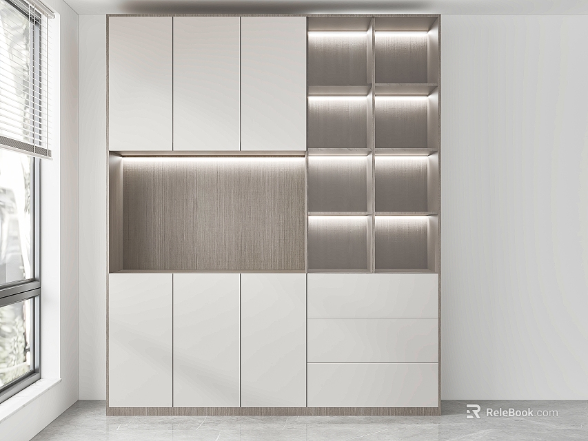 Modern Bookcase Interior Design With White Cabinet Doors Open Shelves And Wooden Drawers 3d model 