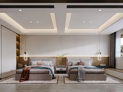 Modern Bedroom Interior Design With Double Beds Bedside Lighting Recessed Ceiling And Curtains 3d model
