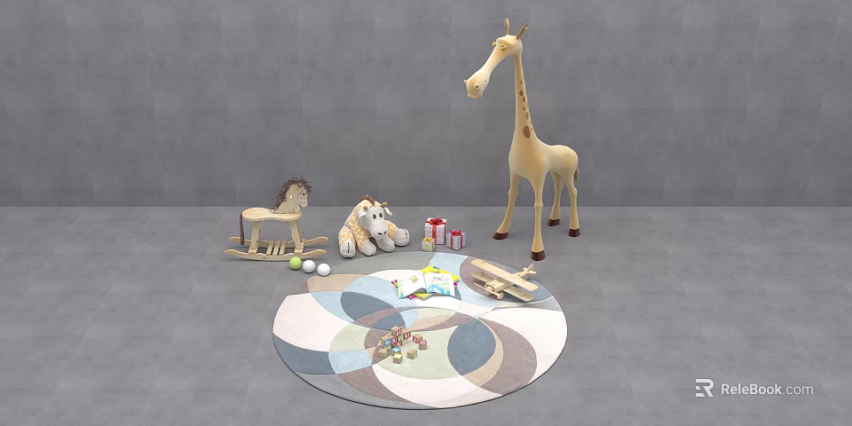 Adorable Stuffed Toys Including Giraffe Tiger Rocking Horse On Circular Rug With Colorful Patterns 3d model 
