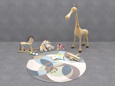 Adorable Stuffed Toys Including Giraffe Tiger Rocking Horse On Circular Rug With Colorful Patterns 3d model
