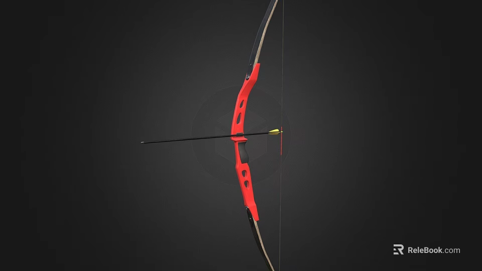 Red Weapon Bow with Bowstring and Arrow Displayed on Black Background 3d model 