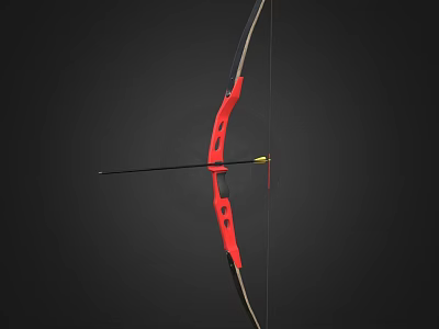 Red Weapon Bow with Bowstring and Arrow Displayed on Black Background 3d model