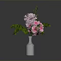 Beautiful Flower Arrangement With Pink Blooms Green Leaves In Silver Vase