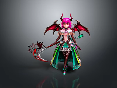 Fantasy Woman With Pink Hair Red Horns Red Wings In Green White Outfit Holding Weapon 3d model