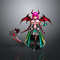 Fantasy Woman With Pink Hair Red Horns Red Wings In Green White Outfit Holding Weapon