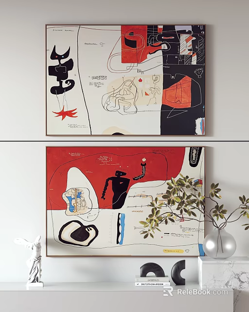 Abstract Wall Art Paintings With Black White Red Elements And Shapes 3d model