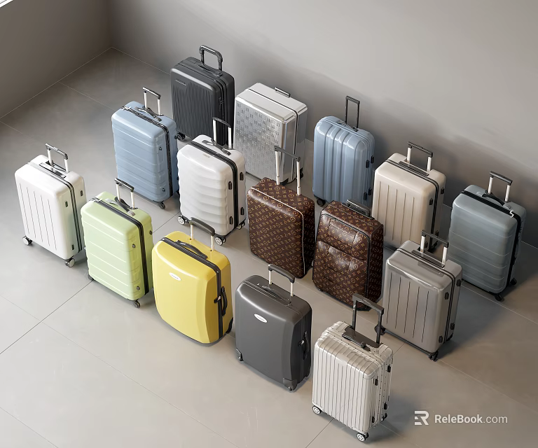 Different Colored Suitcases Arranged On Floor With Gray Wall Background 3d model 