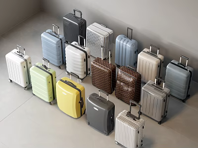 Different Colored Suitcases Arranged On Floor With Gray Wall Background 3d model