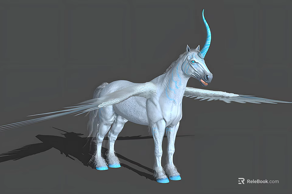 White Flying Unicorn With Wings Blue Horn Blue Hooves And Blue Patterns 3d model 