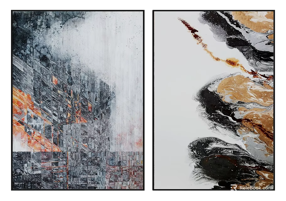 Two Panel Abstract Paintings With Black White Orange Gold Textured Brushstrokes 3d model