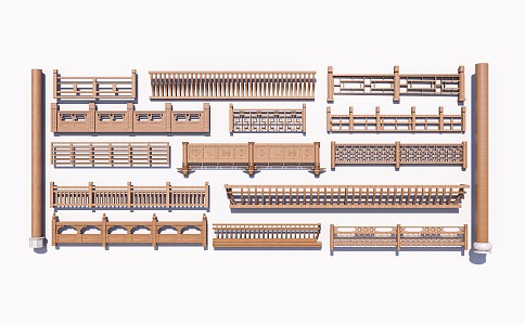 New Chinese Guardrail Wooden Railing Fence 3d model