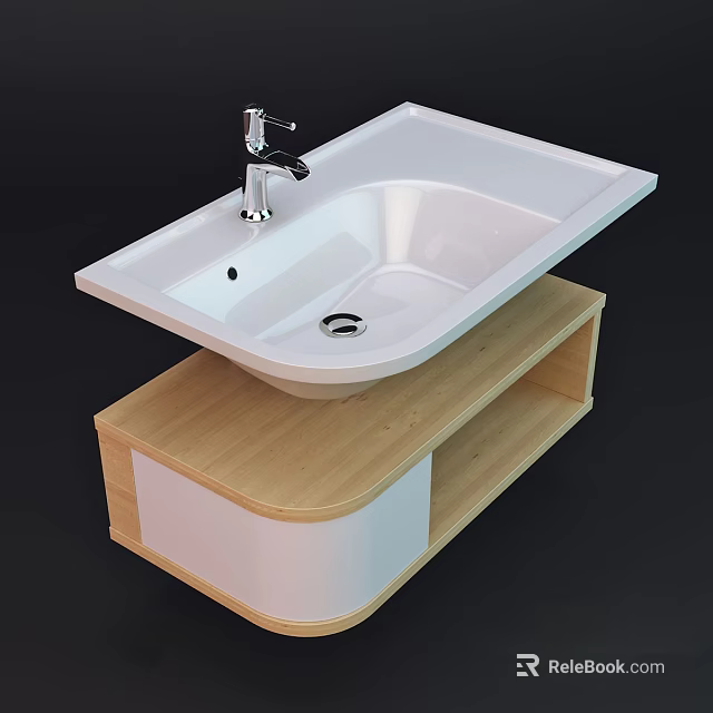 Modern Bathroom Washbasin With White Ceramic Basin Chrome Faucet And Light Wooden Cabinet 3d model 