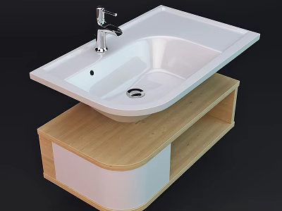 Modern Bathroom Washbasin With White Ceramic Basin Chrome Faucet And Light Wooden Cabinet 3d model