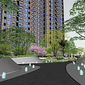 Urban Garden Landscape With High rise Buildings Lush Trees And Paved Walkway