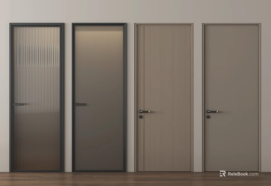 Modern Interior Hinged Doors With Glass Wooden Panels And Black Frames 3d model