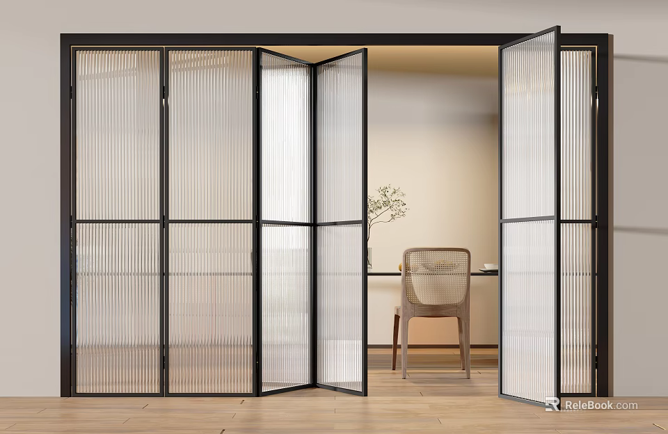 Modern Black Frame Ribbed Glass Folding Doors as Interior Room Divider Design 3d model 