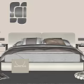 Modern Double Bed With Beige Headboard Nightstands Striped Rug And Abstract Wall Art