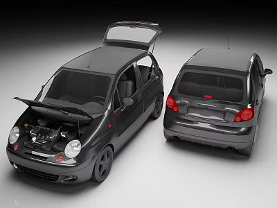 Black Hatchback Cars With Open Engine Hood And Rear View Exterior Design 3d model