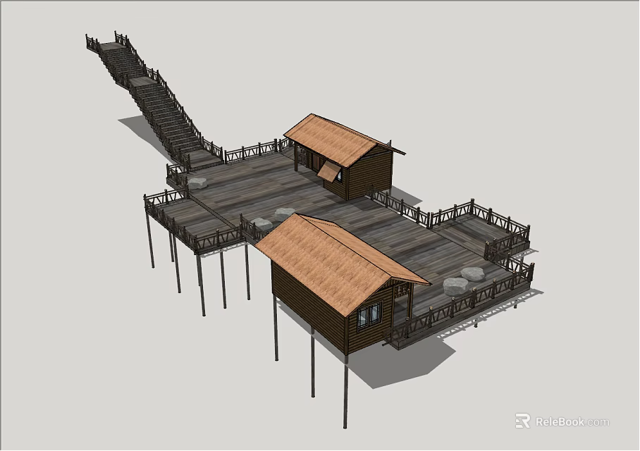 Rustic Wooden Road Facilities With Elevated Platform Stairs And Thatched Roof Structures 3d model