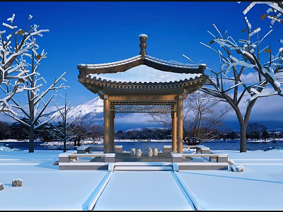 Traditional Ancient Pavilion With Snow Covered Roof Surrounding Snowy Trees Mountain And Blue Sky Background 3d model