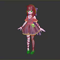 Cute Game Movie Character With Purple Hair Pink Bow Purple Dress White Gloves Striped Socks