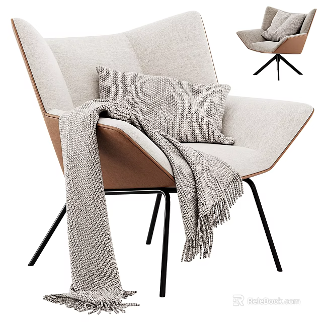 Modern Beige Fabric Leisure Chair With Textured Pillow Fringed Blanket And Black Metal Legs 3d model 