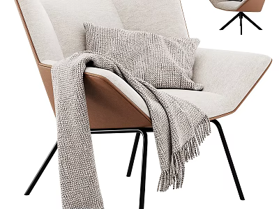 Modern Beige Fabric Leisure Chair With Textured Pillow Fringed Blanket And Black Metal Legs 3d model