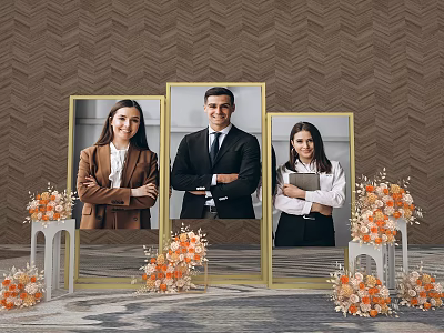 Elegant Professional Portraits In Golden Frames With Orange Floral Arrangements 3d model