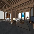Hotel Room Interior With Wooden Ceiling King Bed Sofa Area Coffee Table And TV