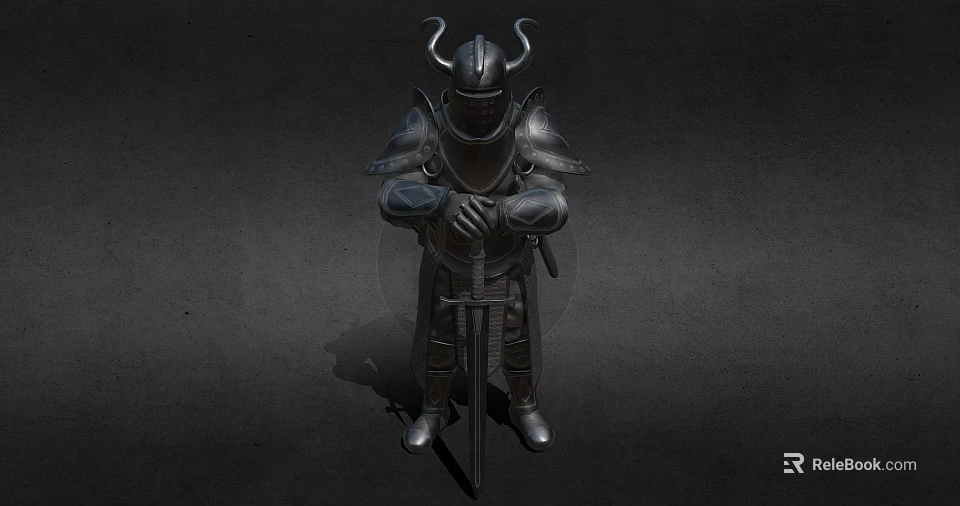 Decorative Ornament Set with Medieval Knight Armor Horned Helmet Holding Sword Metallic Finish 3d model 