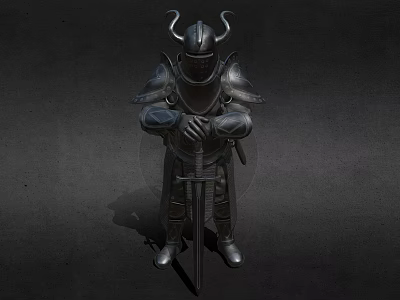 Decorative Ornament Set with Medieval Knight Armor Horned Helmet Holding Sword Metallic Finish 3d model