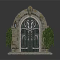 Ancient Stone Arch Door With Intricate Metal Decorations And Green Plants On Stone Base