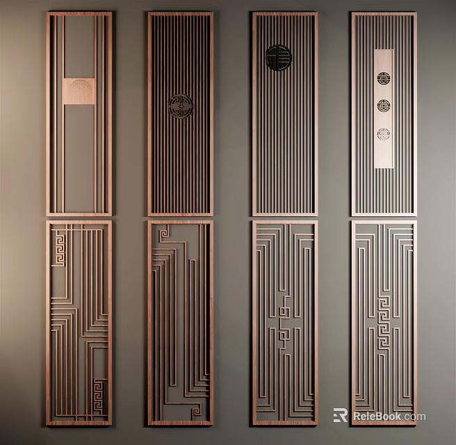 Traditional Chinese Partition Design With Intricate Patterns Vertical Lines And Copper Frames 3d model