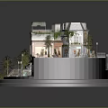 Cartoon Scene With Miniature Buildings Vines Covered Houses Stone Stairs Trees And Courtyard