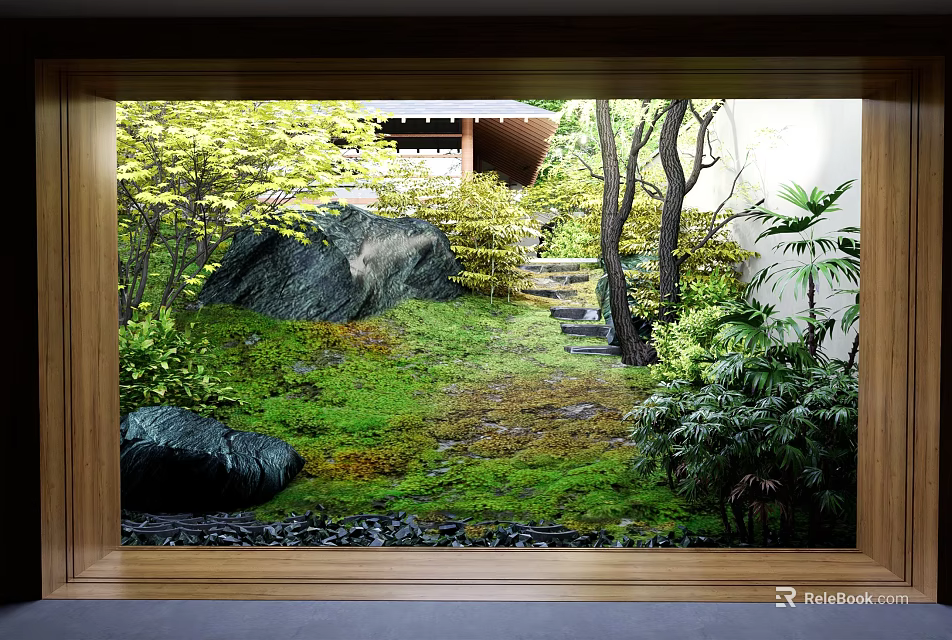 Traditional Garden Landscape View Through Wooden Framed Window With Mossy Ground Stones And Trees 3d model 