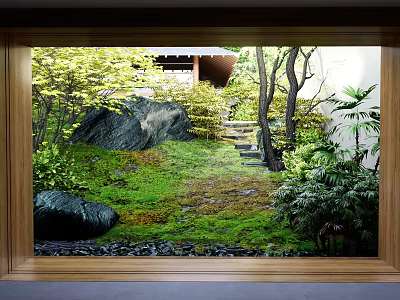 Traditional Garden Landscape View Through Wooden Framed Window With Mossy Ground Stones And Trees 3d model